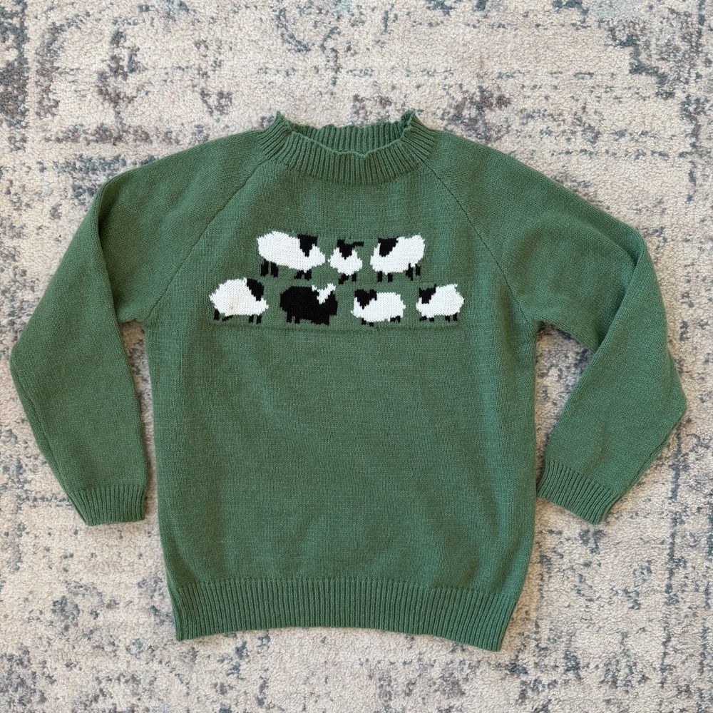 Green Knit Sweater with Sheep Design, women’s size small